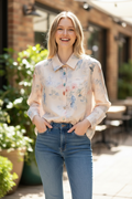 Floral Print Button-Up Sheer Blouse- Pink