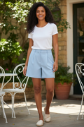 Pleated Wide-Leg Shorts- Blue