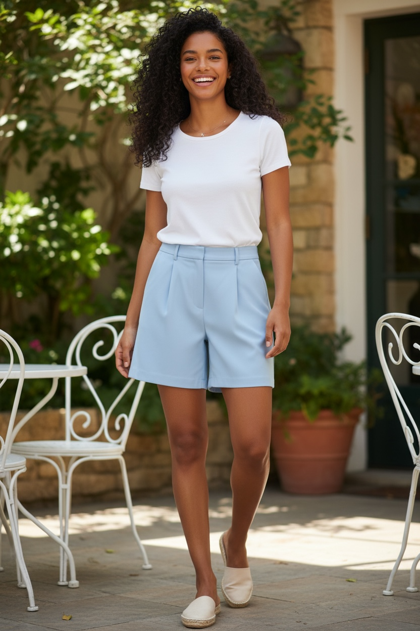 Pleated Wide-Leg Shorts- Blue