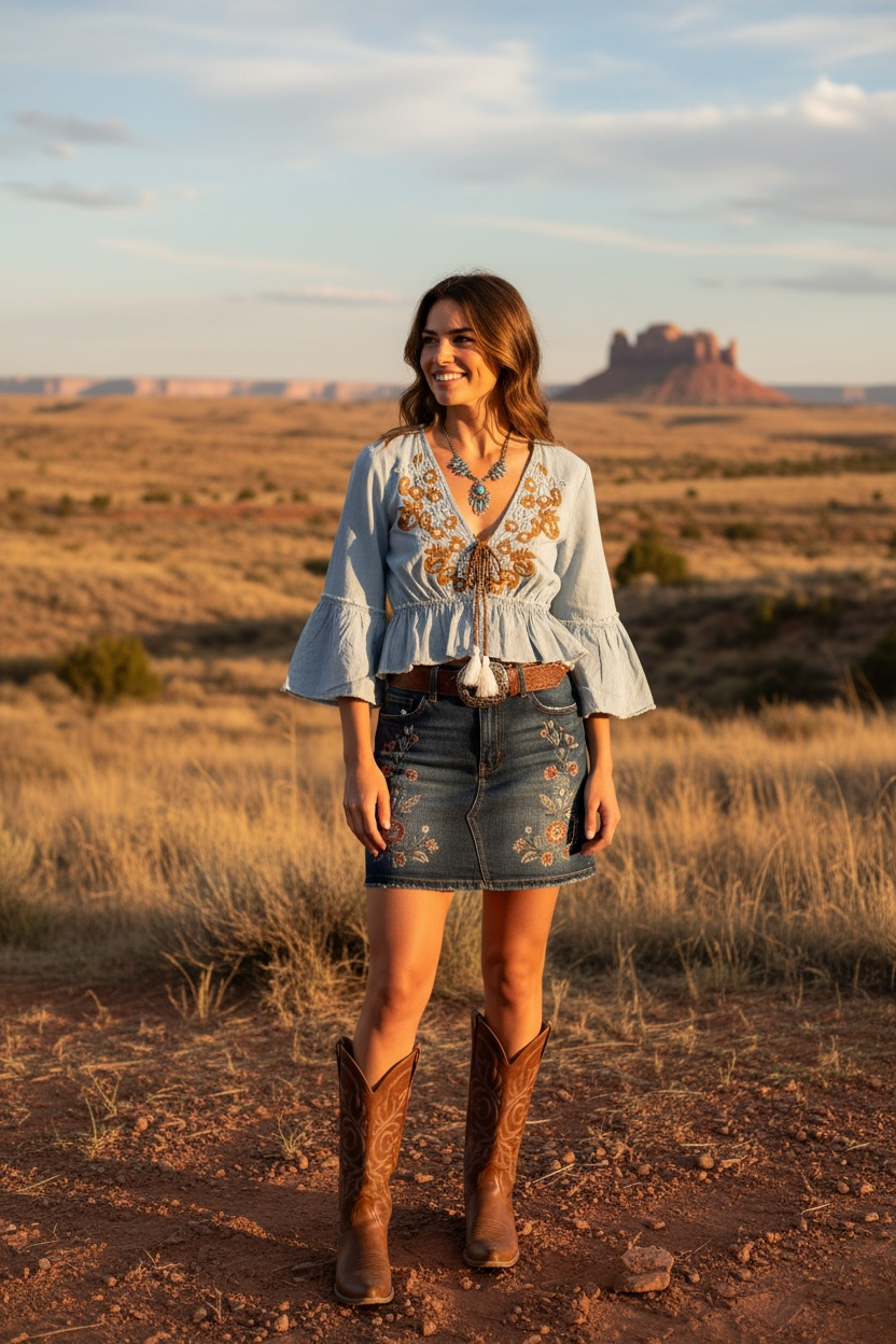 Embroidered Western Crop Top- Blue
