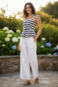 Ribbon Tie Strap Peplum Top- Beige/Navy