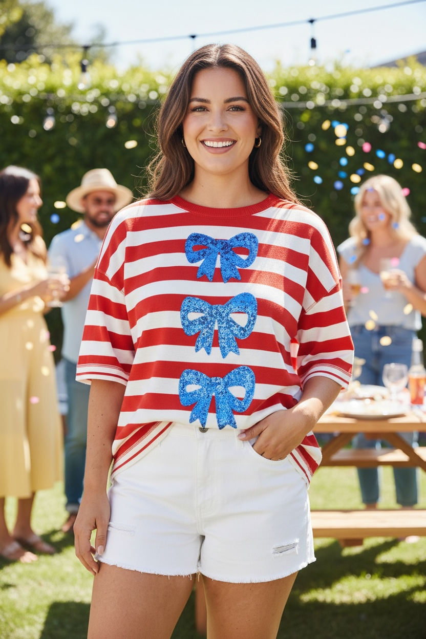 Stripe Sequin Bow Patriotic Half Sleeve Top- Red