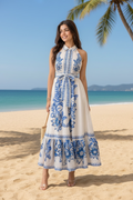 Printed Sleeveless Maxi Tie Dress- Blue