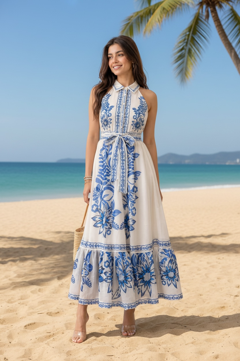 Printed Sleeveless Maxi Tie Dress- Blue