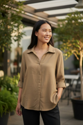Button Down V Neck Solid Shirt- Brown