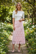 Floral Lace Scalloped Lined Midi Skirt- Pink