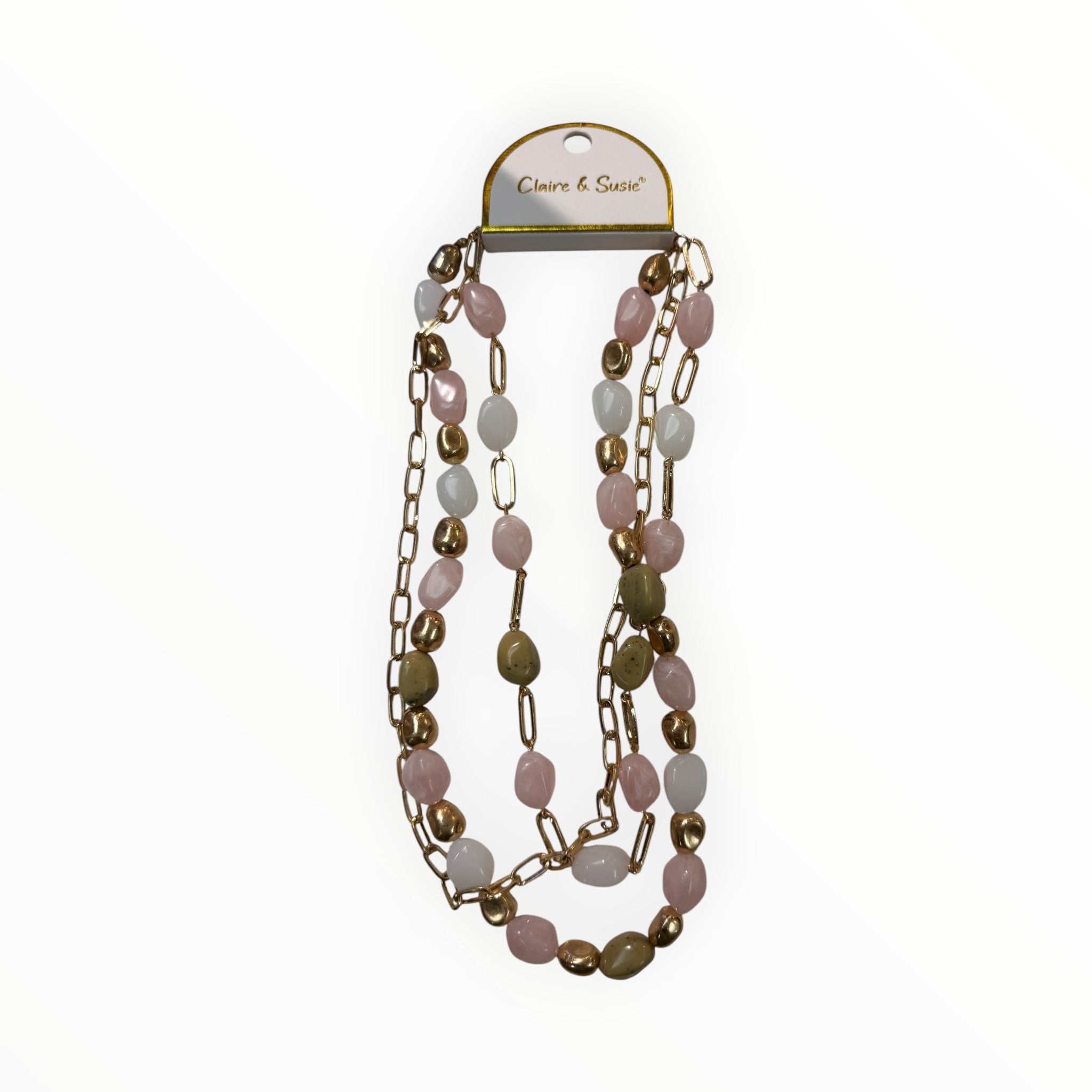 Gold Chain Layered Necklace- White & Pink