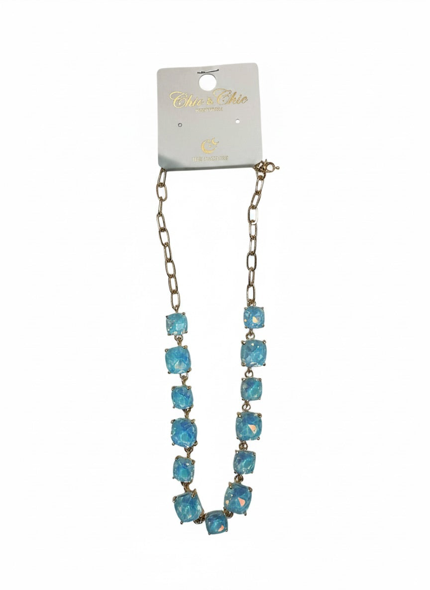 Squared Glass Crystal & Gold Chain Necklace