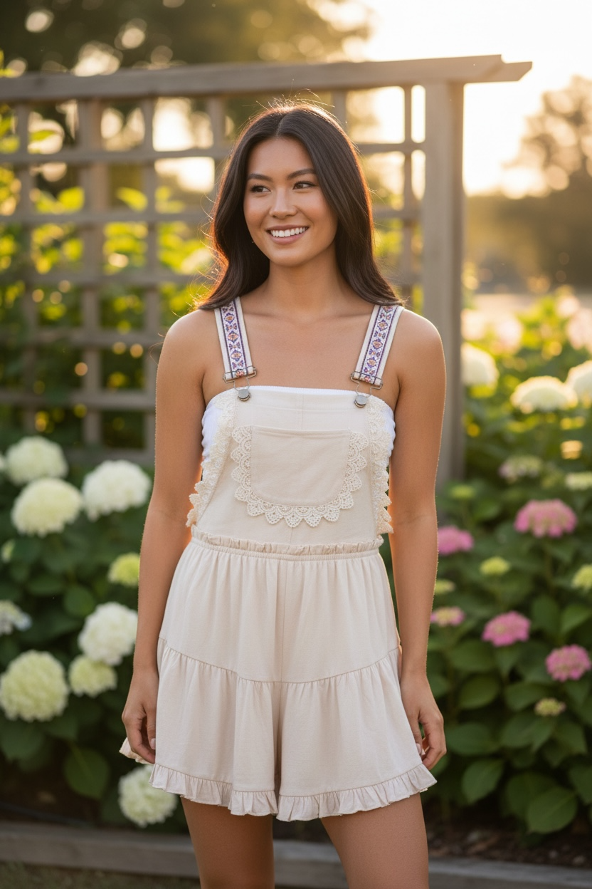 Embroidered Overalls- Cream