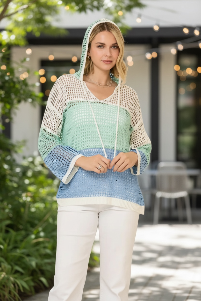 Open Knit Color Block Hood Sweater