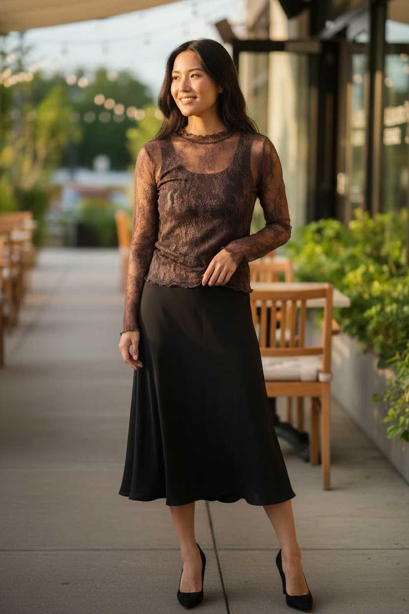 Long Sleeve Sheer Lace Fitted Tops