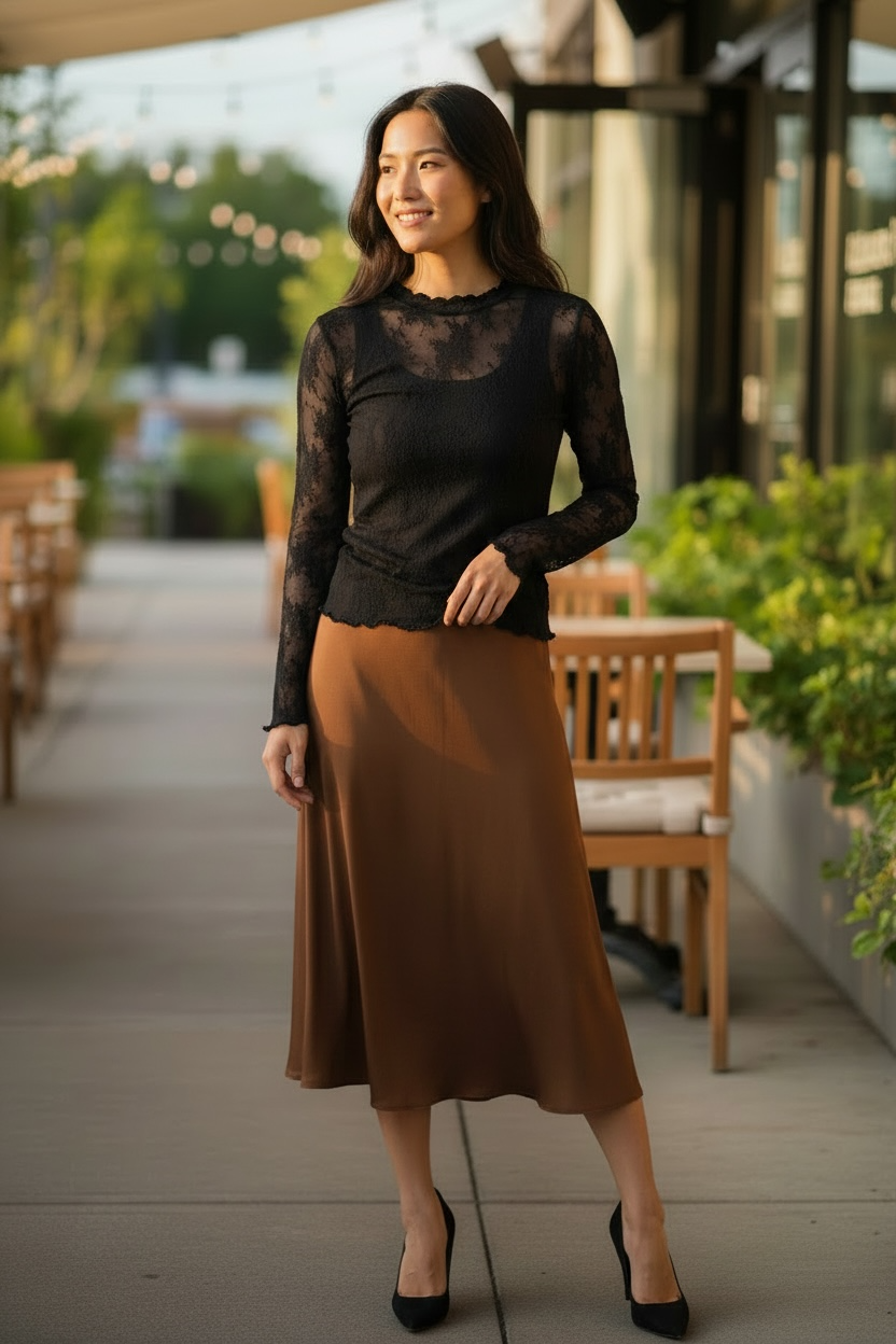 Long Sleeve Sheer Lace Fitted Tops