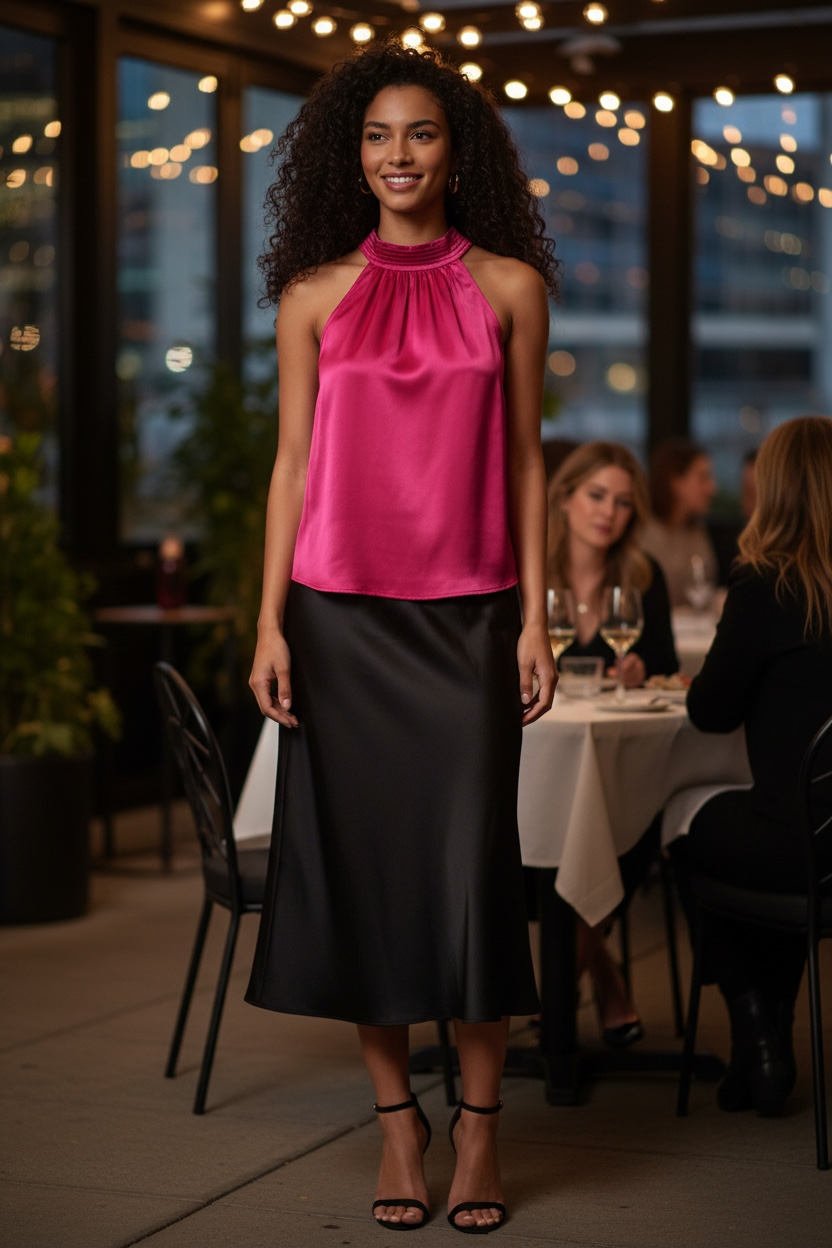 Satin Halter Neck Top- Fuchsia