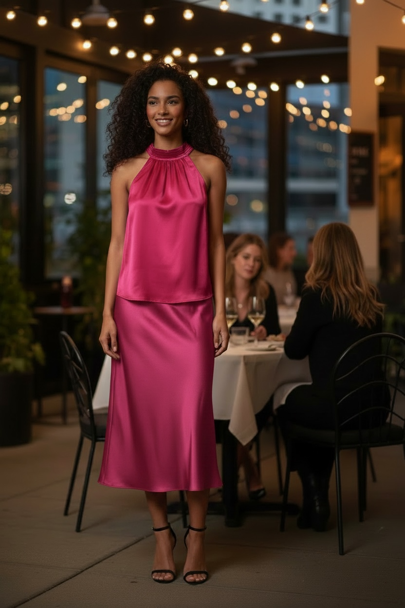 Satin Slip Midi Skirt- Fuchsia