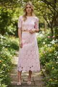 Floral Lace Scalloped Lined Midi Skirt- Pink
