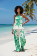 Tropical Flowy Pant- Ivory/Green