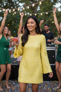 Backless Sequin Long Sleeve Mini Dress- Yellow