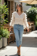 Crochet Cropped Cardigan with Mesh Sleeves