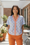Short Sleeve Polka Dot & Striped Top- Blue