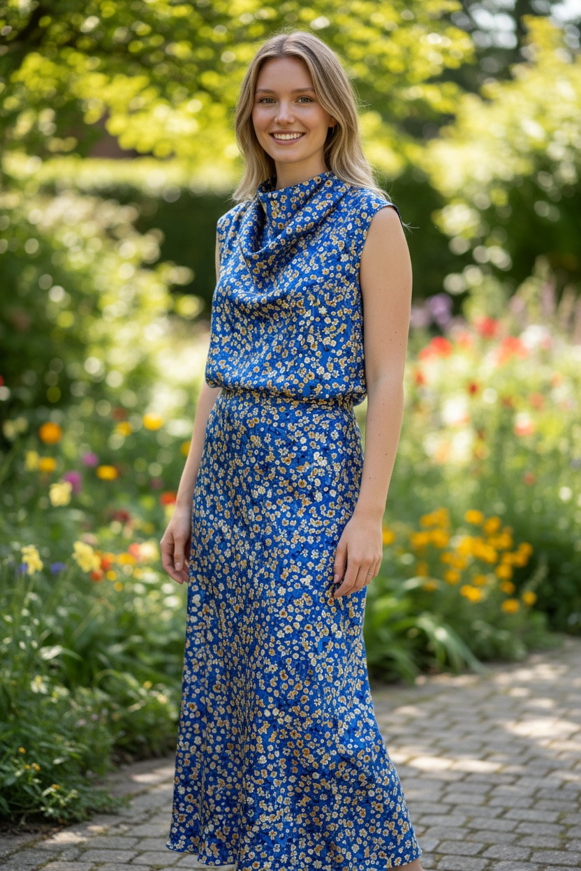 Floral Cowl Neck Sleeveless Top- Blue