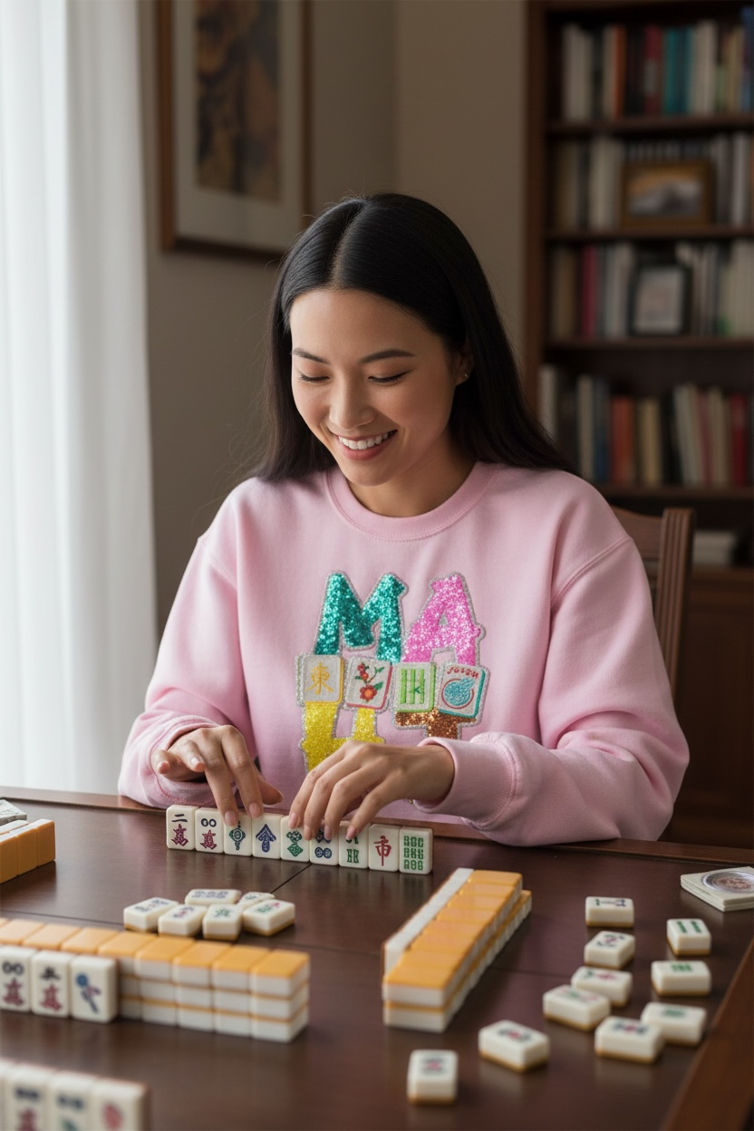 Mahjong Sequins Patch Sweatshirt- Pink