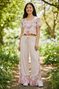 Floral Ruffle Ribbed Knit Pants