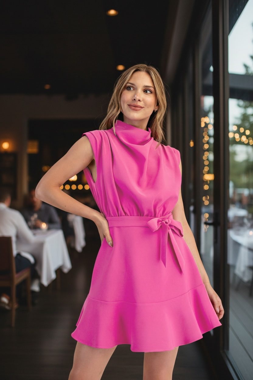 Cowl Neck Sleeveless Mini Dress- Pink