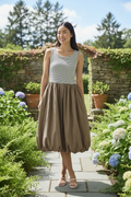 Striped Tank Balloon Skirt Midi Dress- Mocha