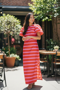 Puff-Sleeve Side Slit Maxi Dress- Pink/Red