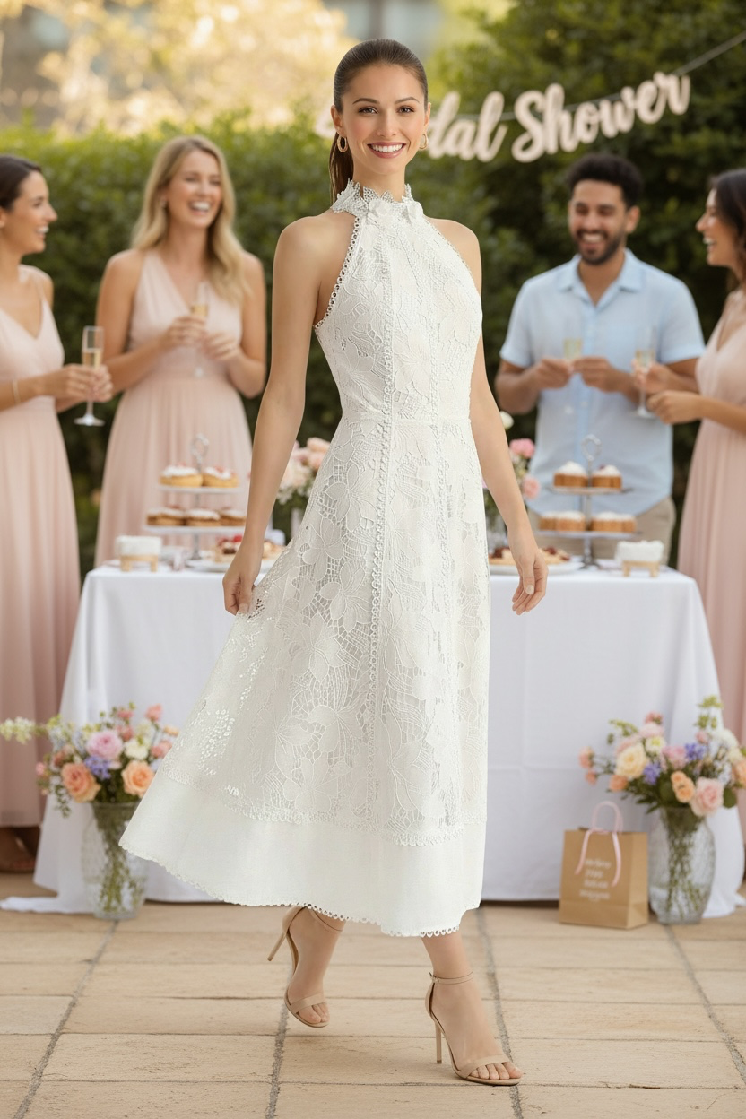 Elegant Lace Midi Dress- White