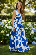 Geometric Dress with Tie Waist- Blue/White