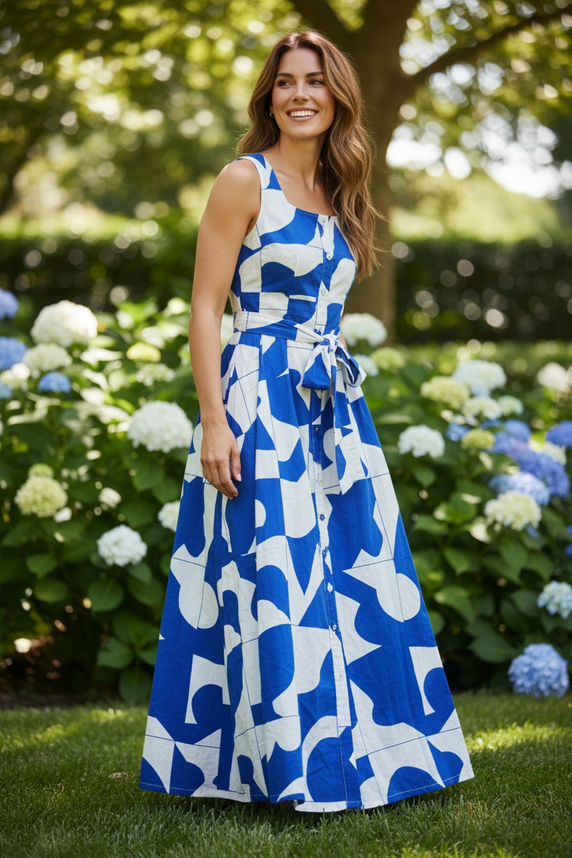 Geometric Dress with Tie Waist- Blue/White