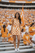 Checkered Denim Printed Romper- Orange/White