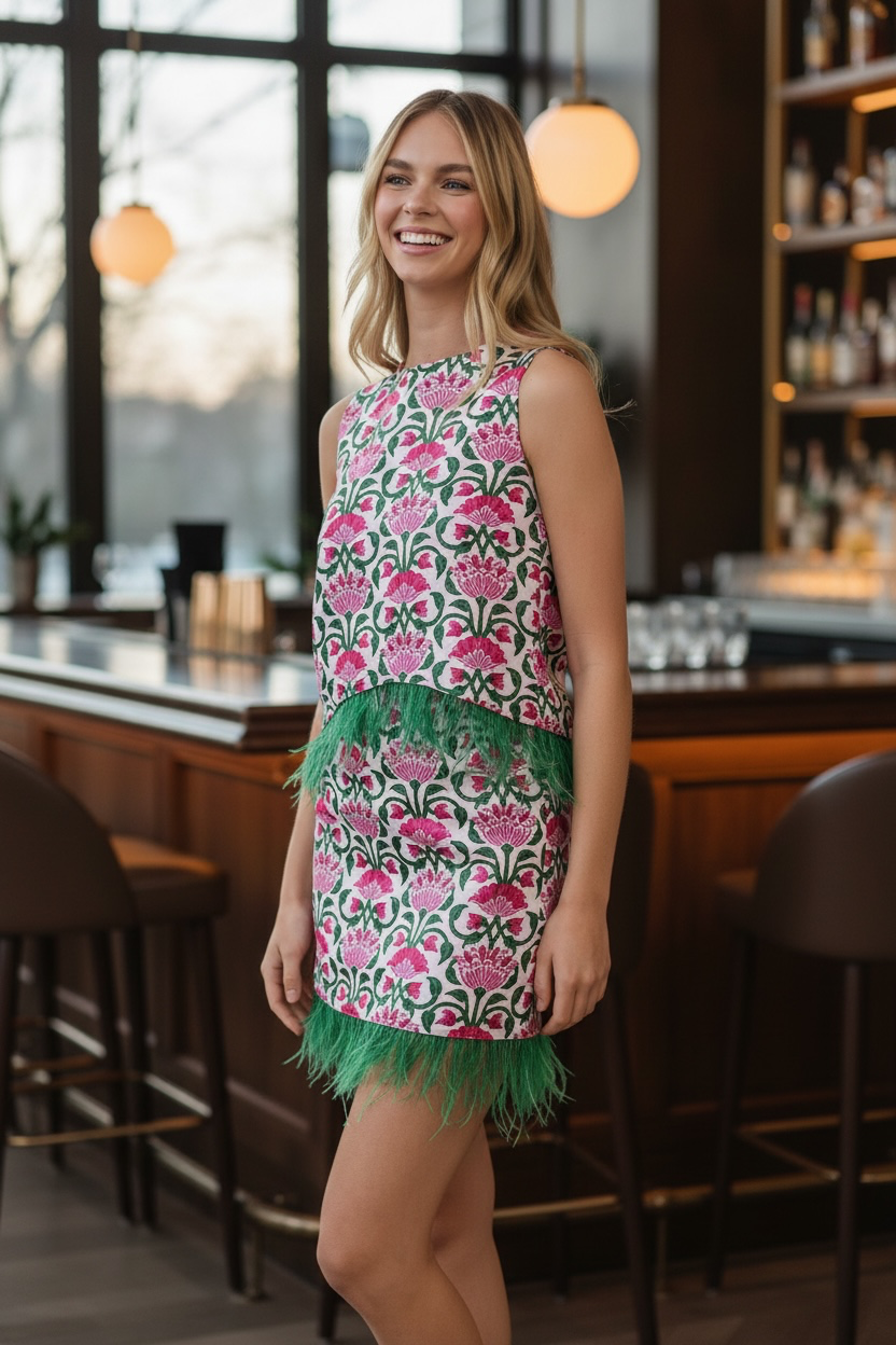 Floral Print Feather Trim Sleeveless Top- Pink