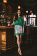 Floral Print Feather Trim Mini Skirt- Pink