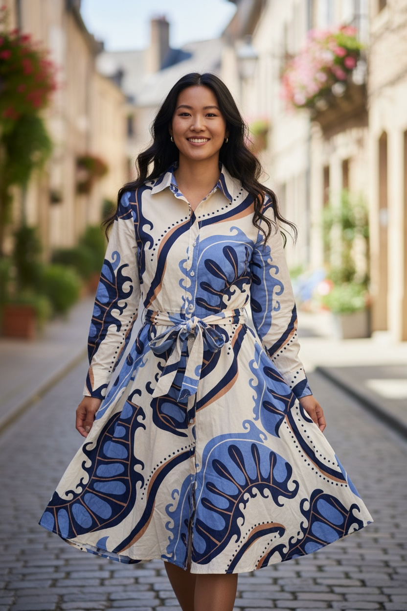 Long Sleeve Abstract Pattern Dress- Blue