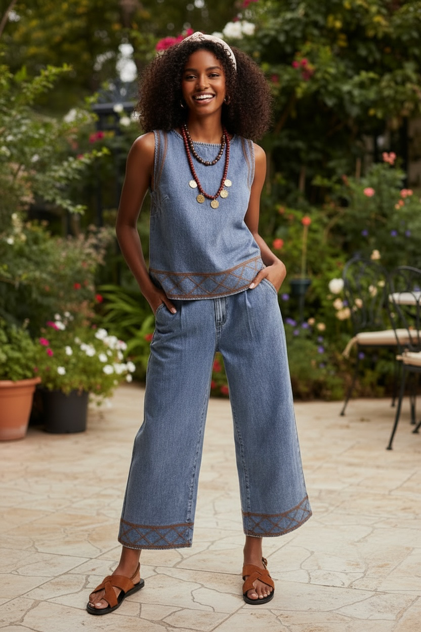 Stitch Embroidered Denim 2pc Set