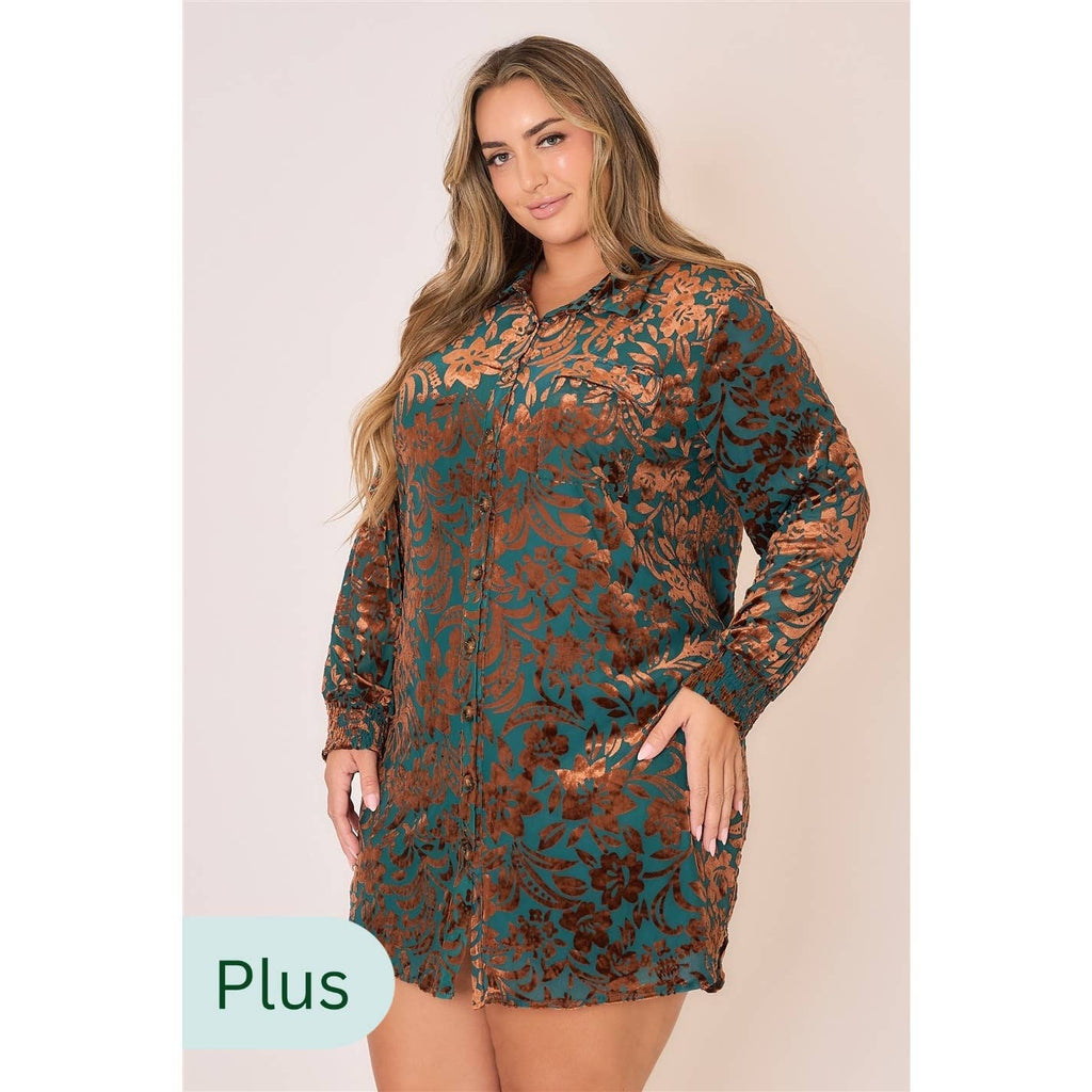 Plus Size Floral Velvet Mini Dress- Teal