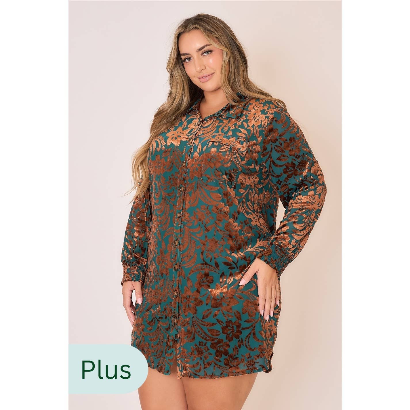 Plus Size Floral Velvet Mini Dress- Teal