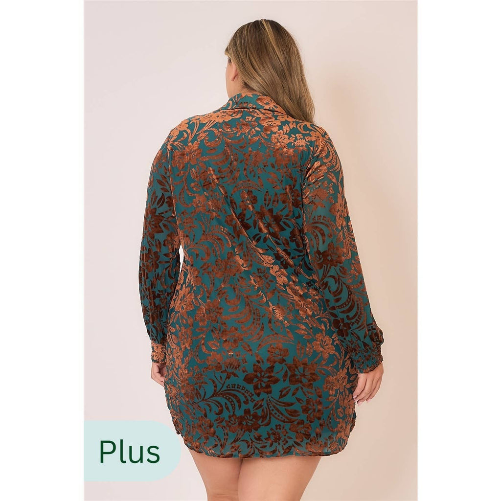 Plus Size Floral Velvet Mini Dress- Teal