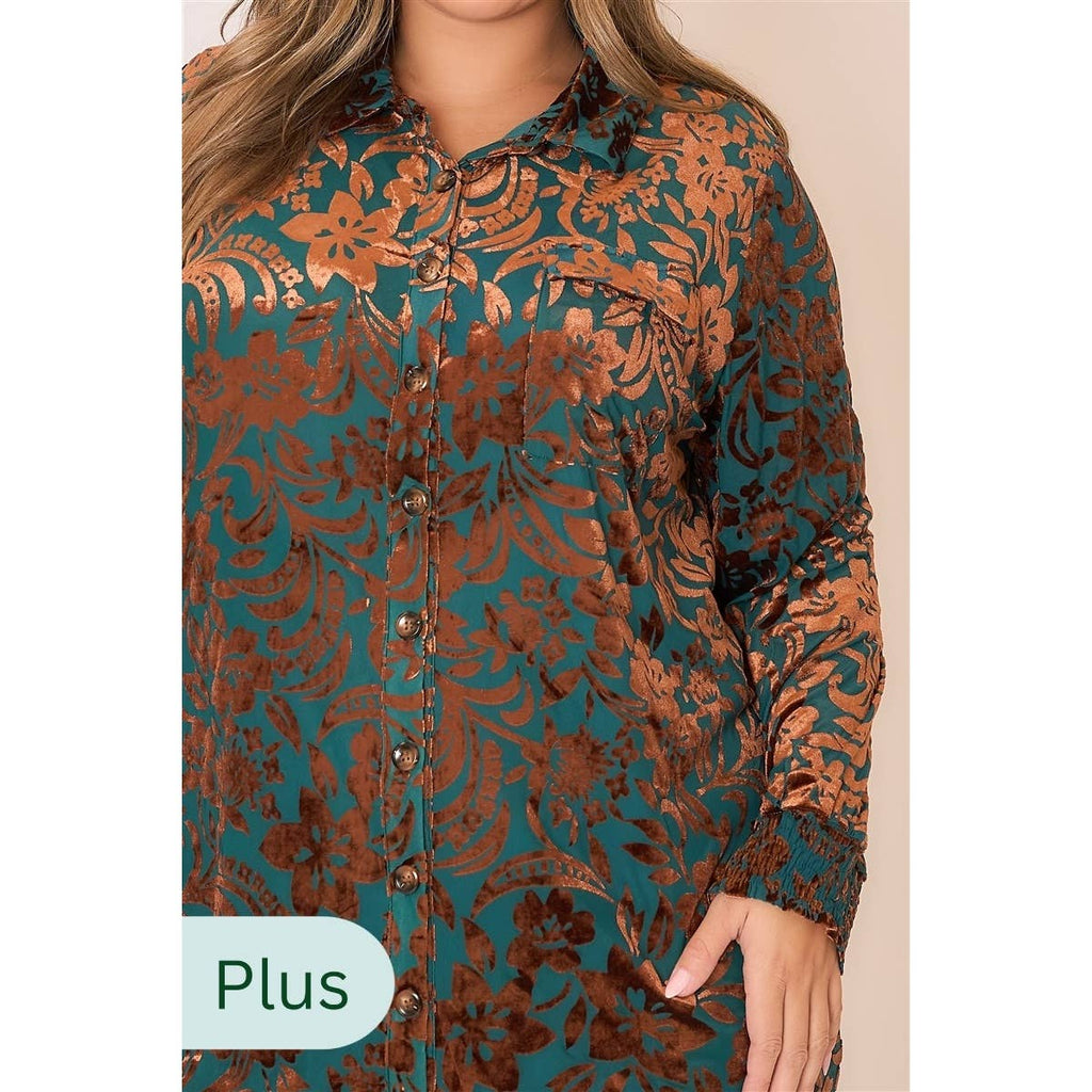 Plus Size Floral Velvet Mini Dress- Teal