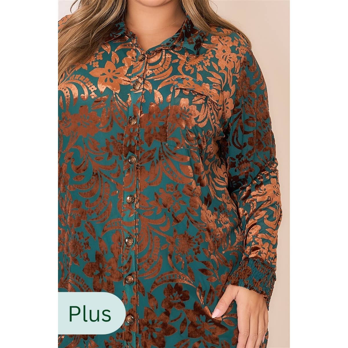 Plus Size Floral Velvet Mini Dress- Teal