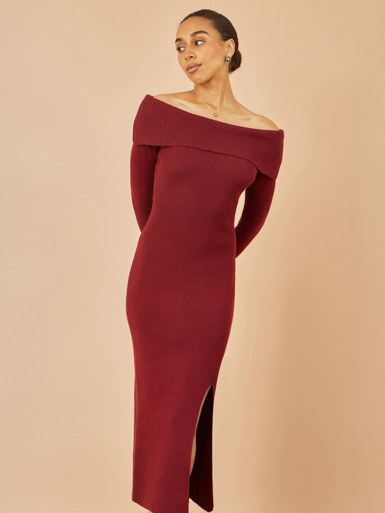 Plus Size Off Shoulder Maxi Dress- Burgundy