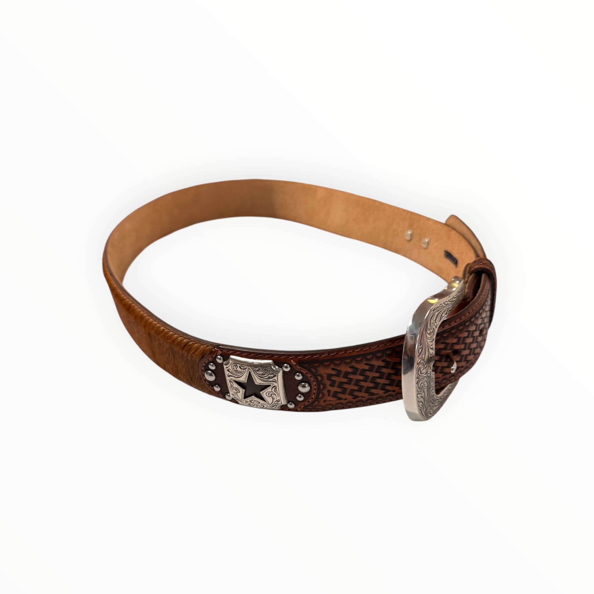 Mens Studded Hair-On-Hide Overlay Belt- Size 36