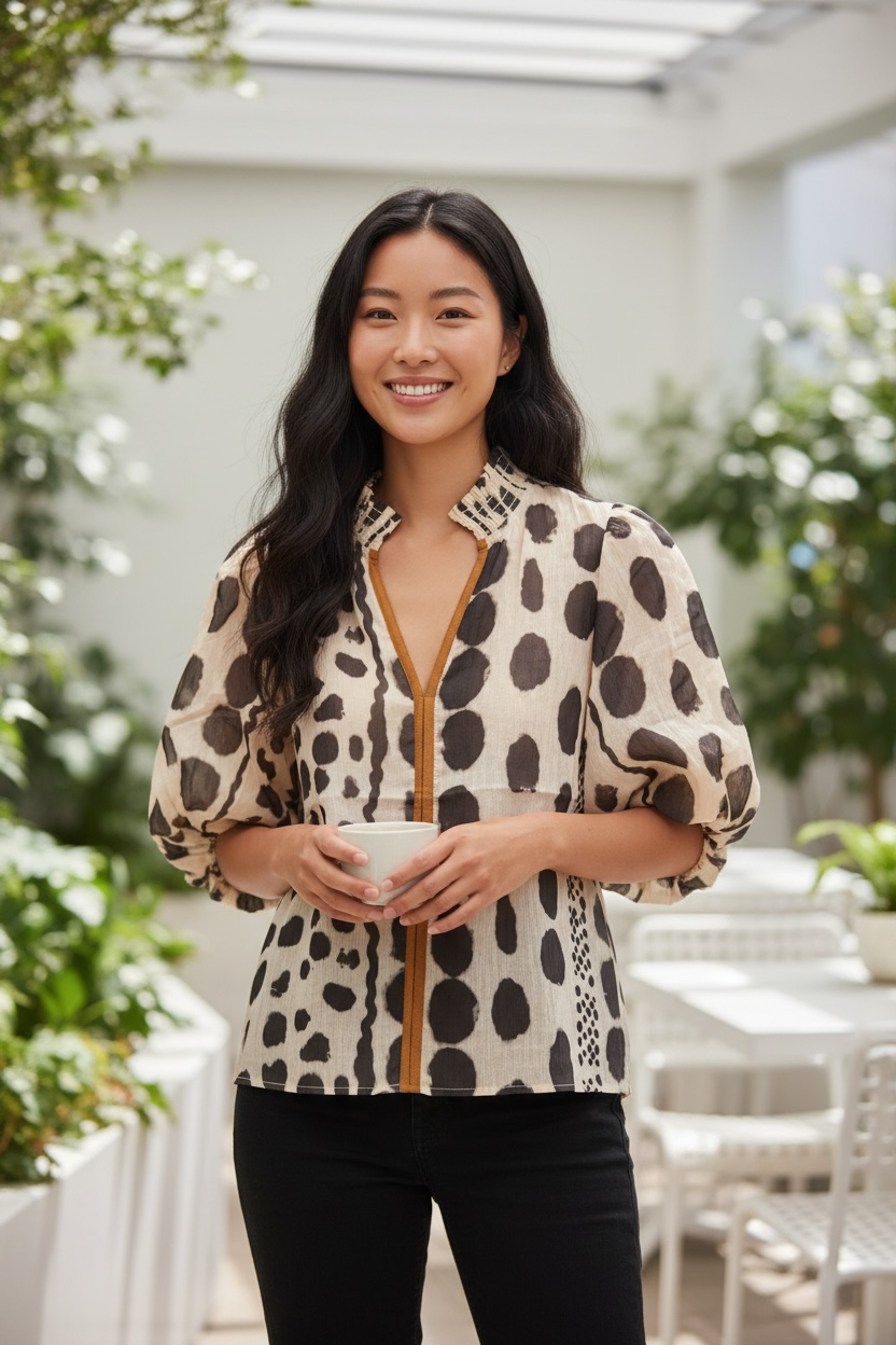 Silky Geometric Top- Cream/Black