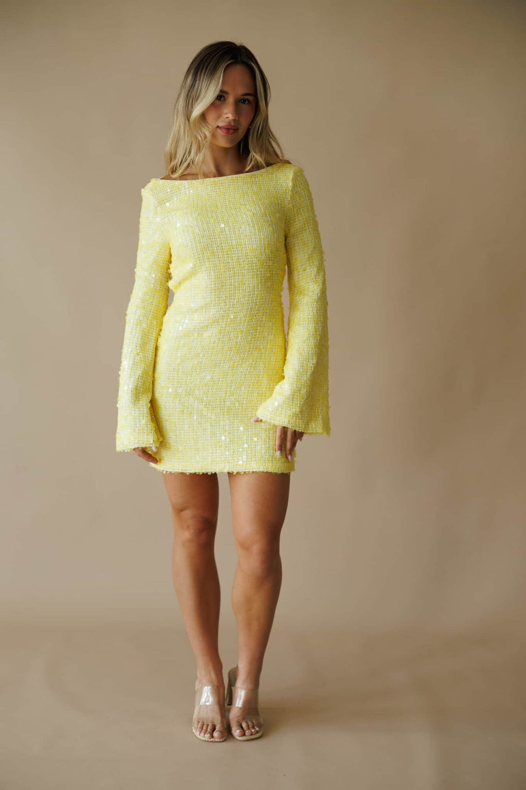 Backless Sequin Long Sleeve Mini Dress- Yellow