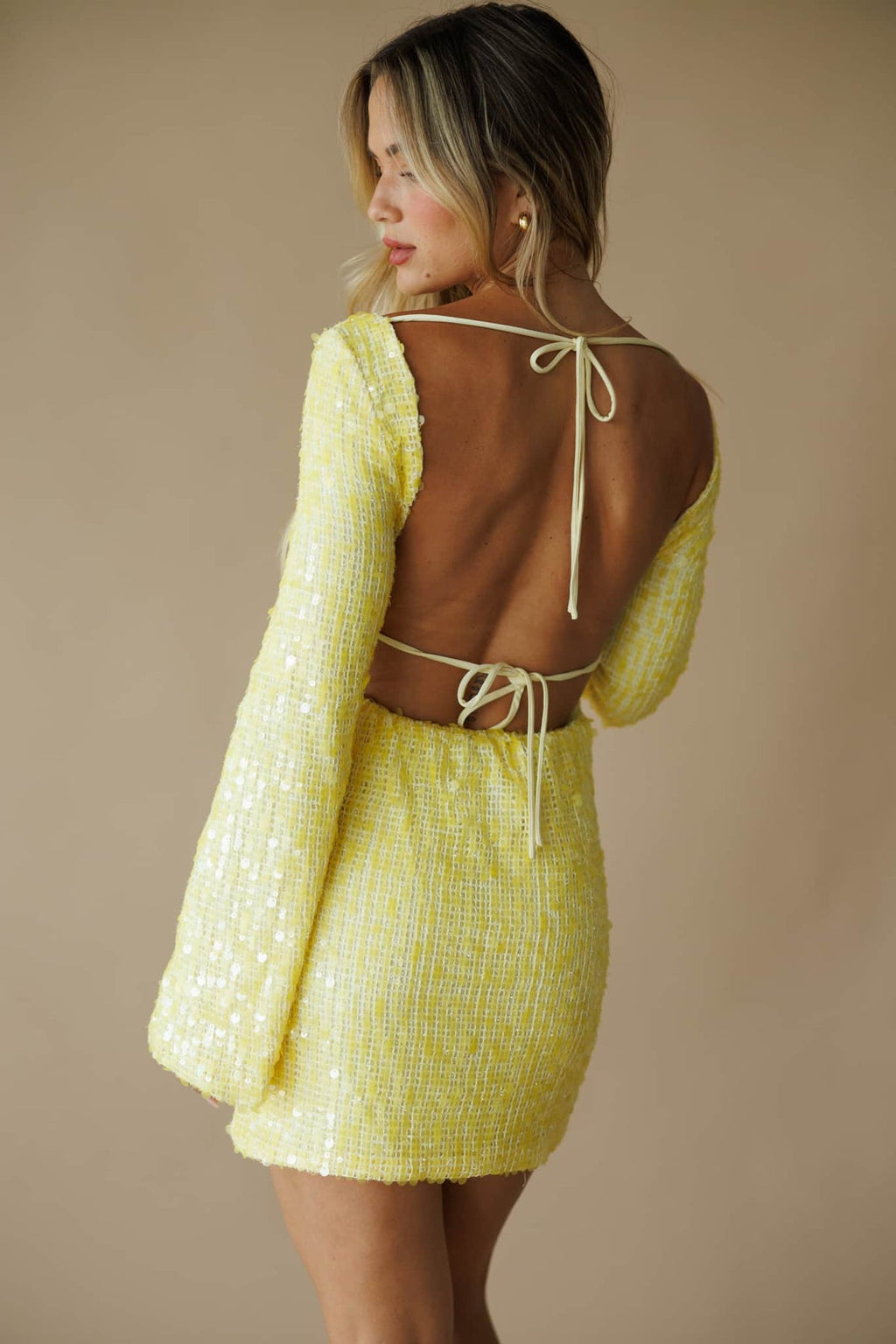 Backless Sequin Long Sleeve Mini Dress- Yellow