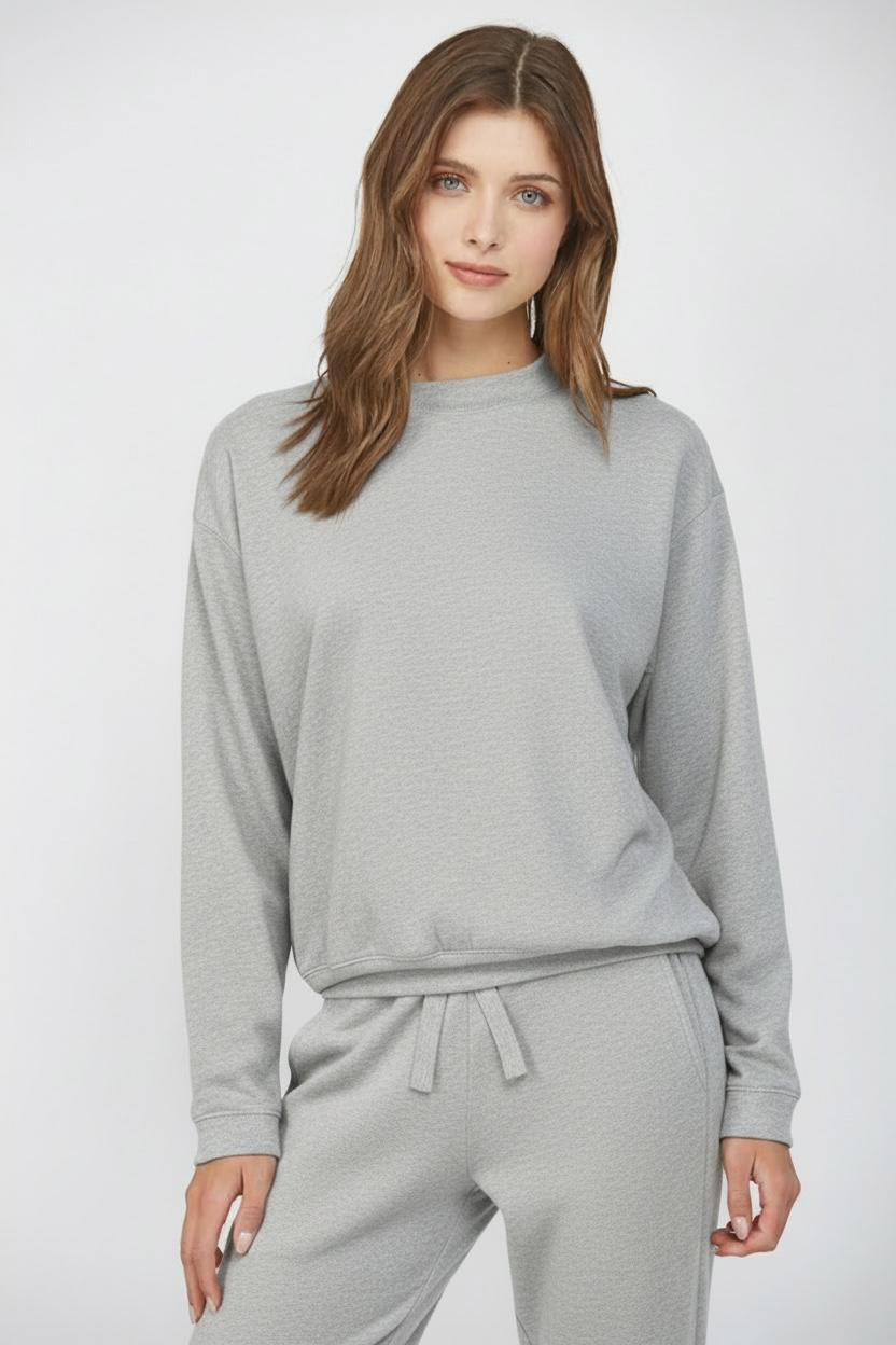 Satin Trim Crew Neck Sweatshirt- Grey