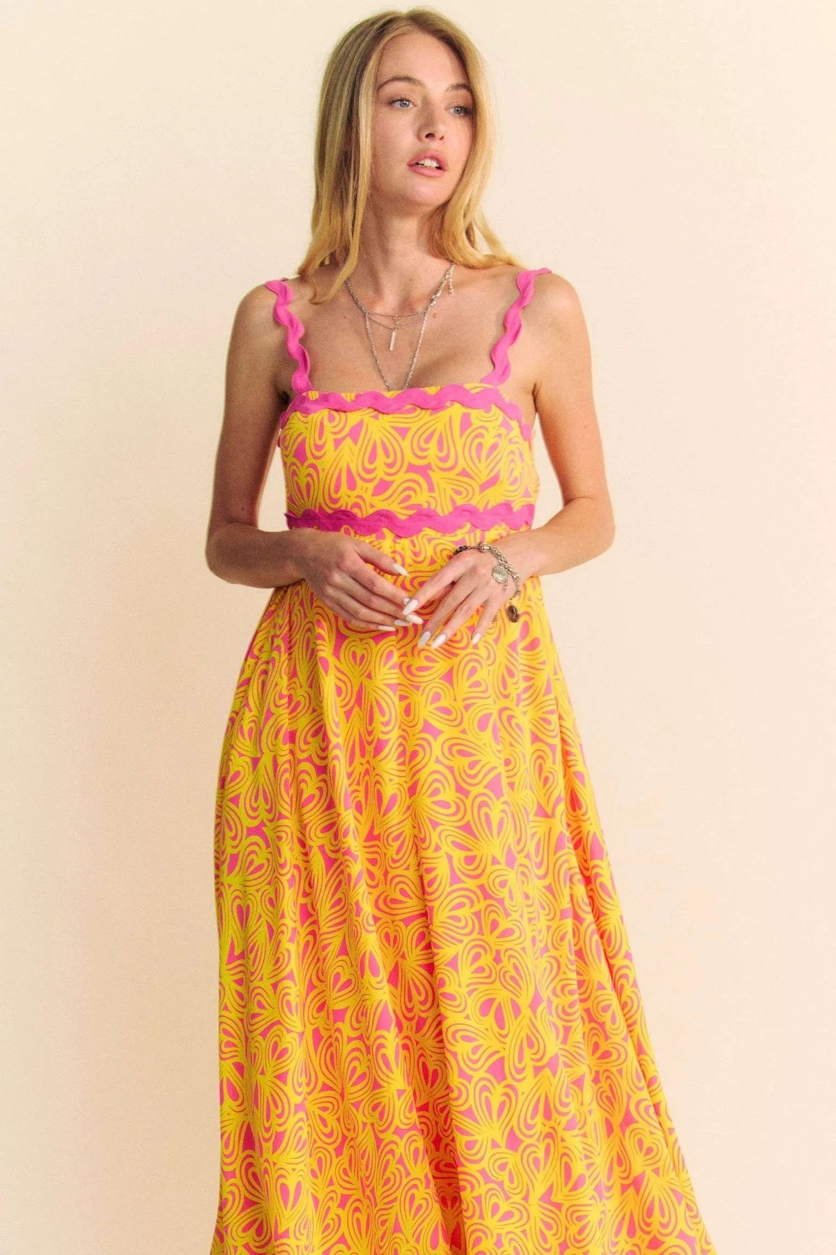 Ric Rac Tie Shoulder Maxi Dress- Pink/Yellow