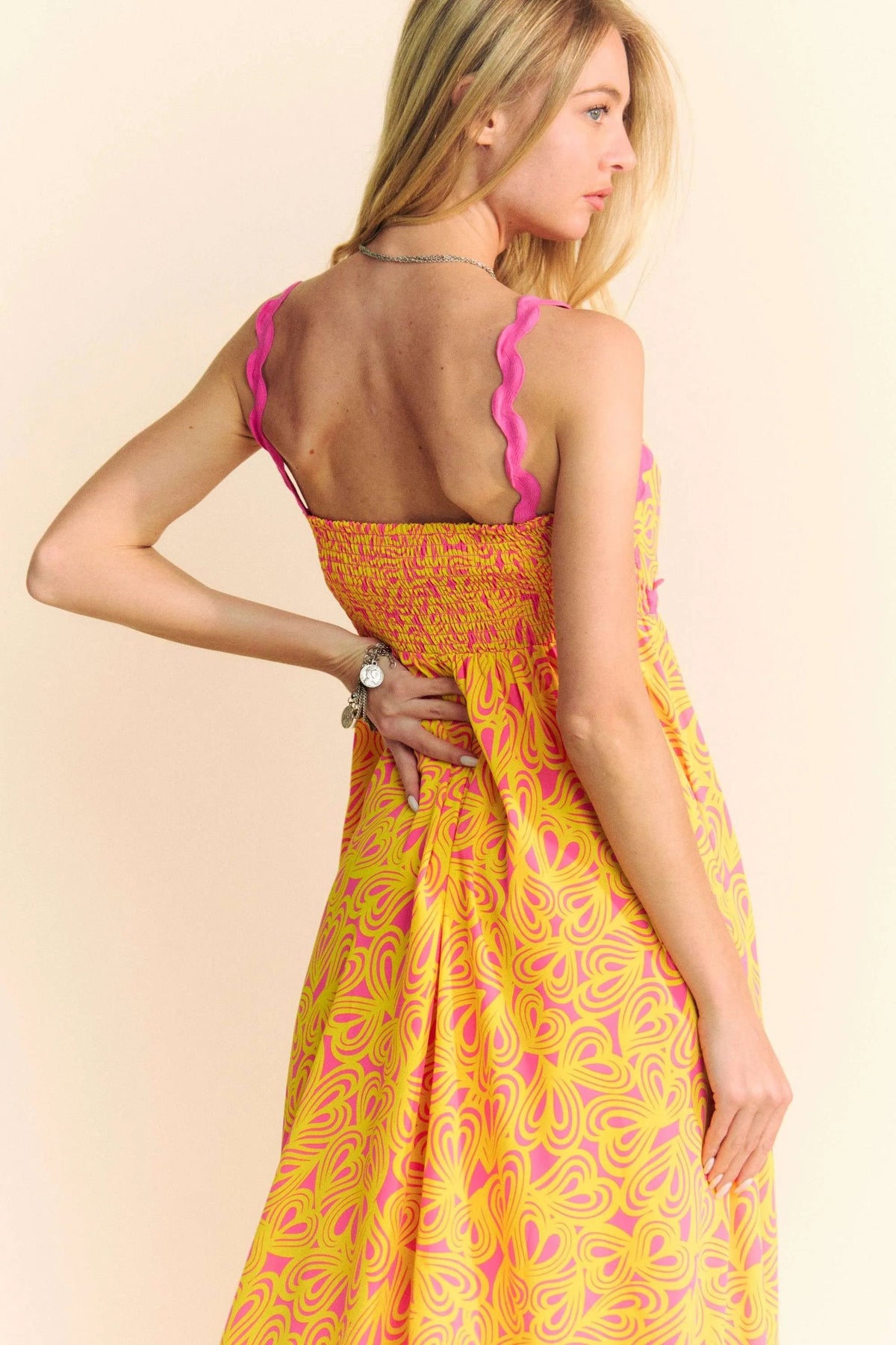 Ric Rac Tie Shoulder Maxi Dress- Pink/Yellow